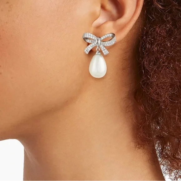 Anthro Shashi Pave Pearl Bow Earrings - Picture 6 of 6